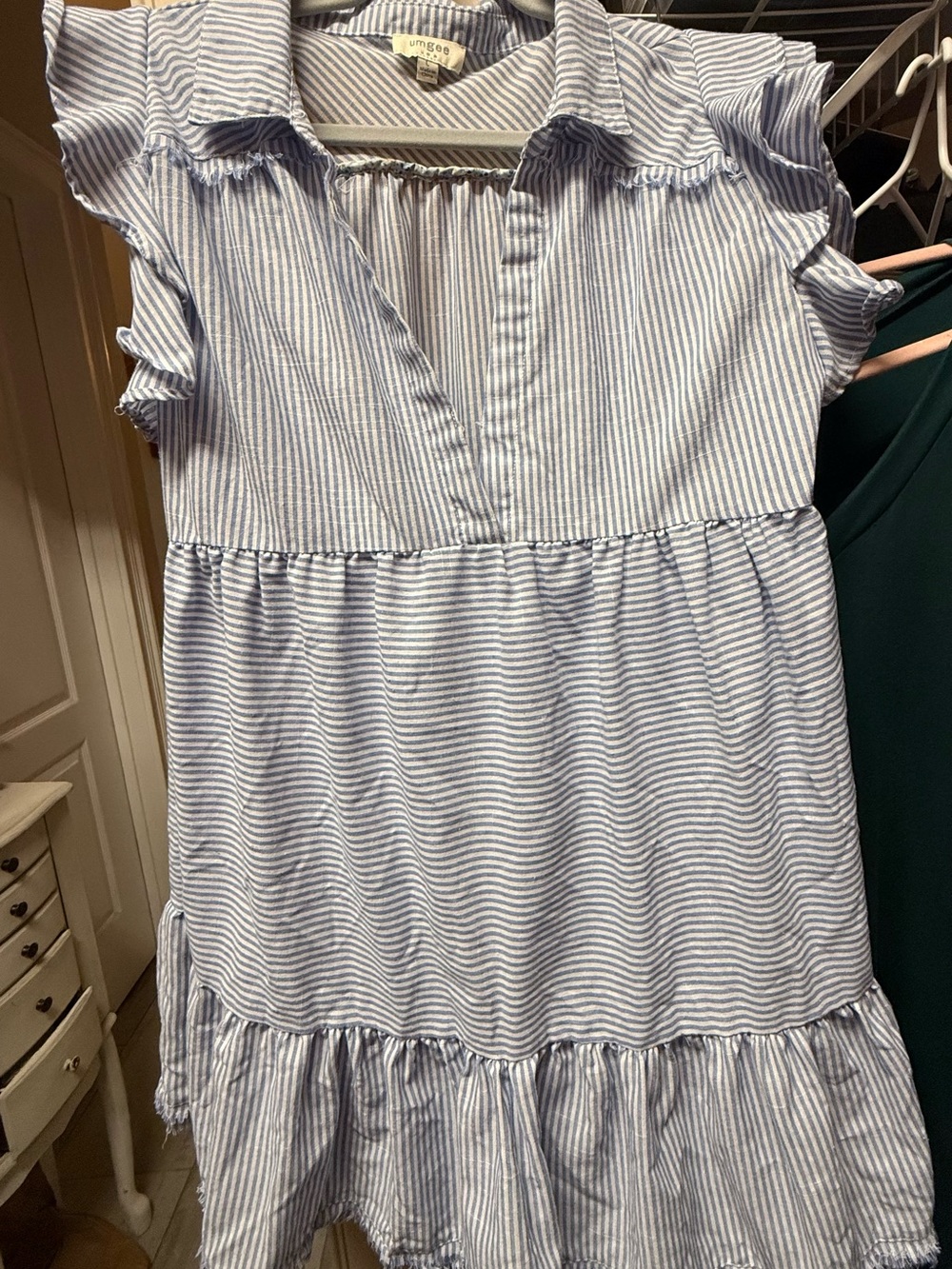 Umgee Blue & White Striped Ruffle Midi Dress